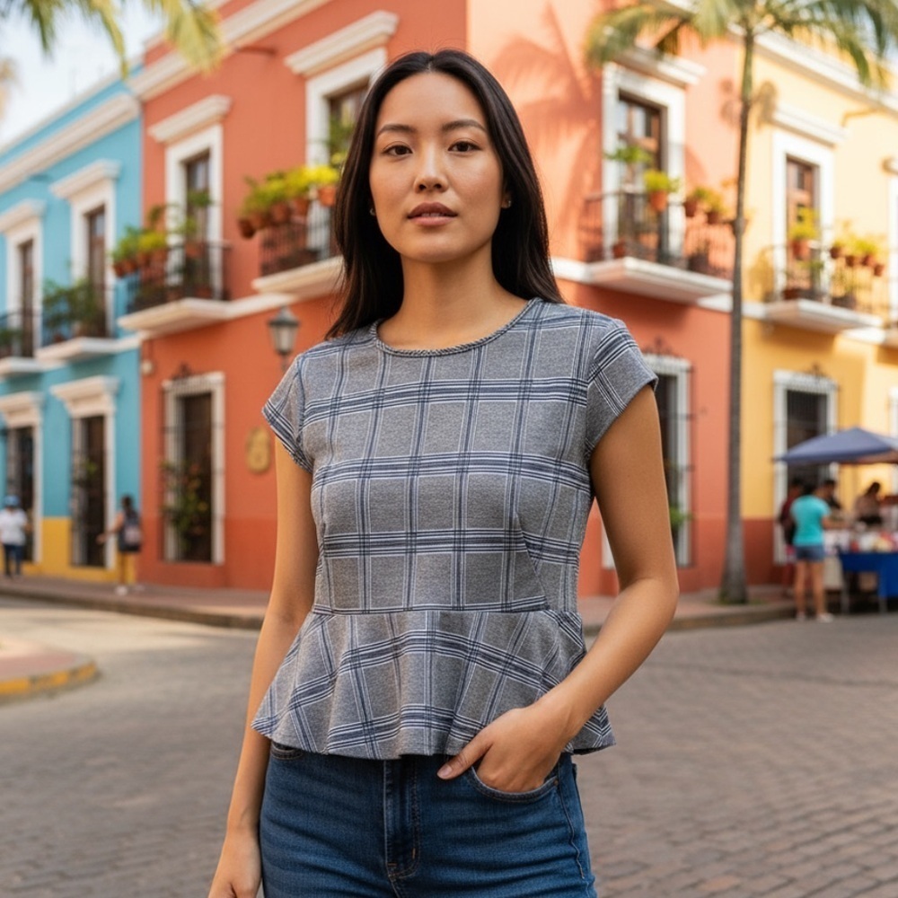 7th Avenue plaid peplum hem top l